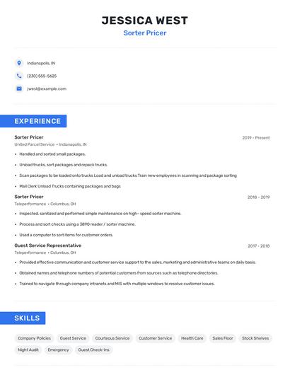 Sorter Pricer Resume