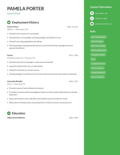 Sorter Pricer Resume