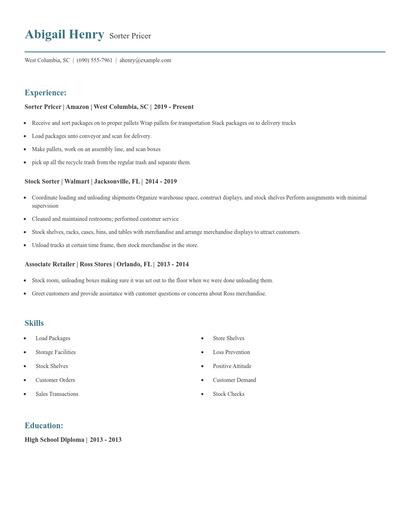 Sorter Pricer Resume