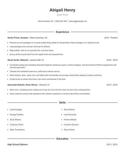 Sorter Pricer Resume