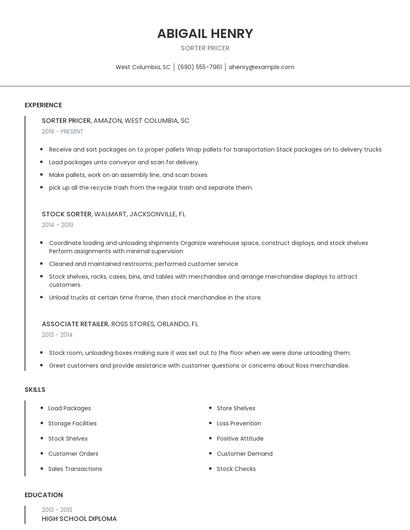 Sorter Pricer Resume