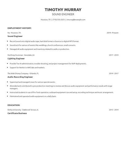 Sound Engineer Resume