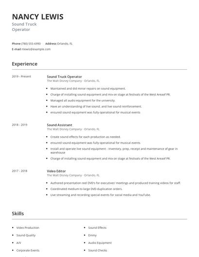 Sound Truck Operator Resume