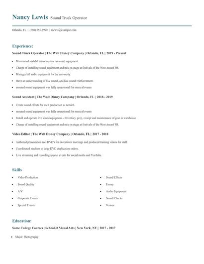 Sound Truck Operator Resume