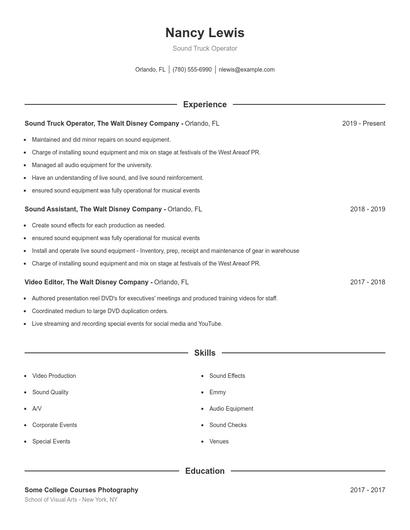 Sound Truck Operator Resume