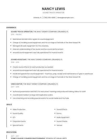 Sound Truck Operator Resume