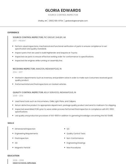 Source Control Inspector Resume