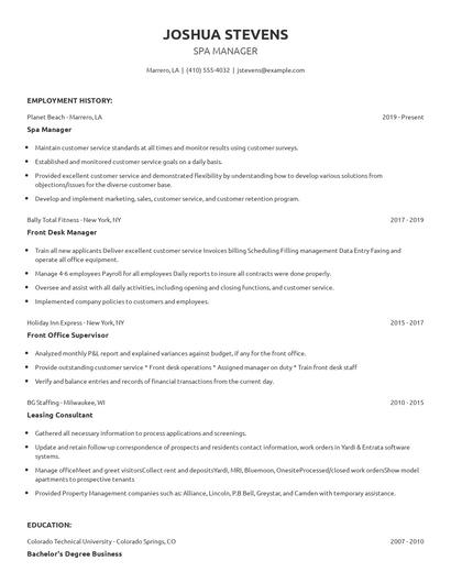 Spa Manager Resume