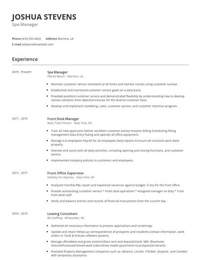 Spa Manager Resume