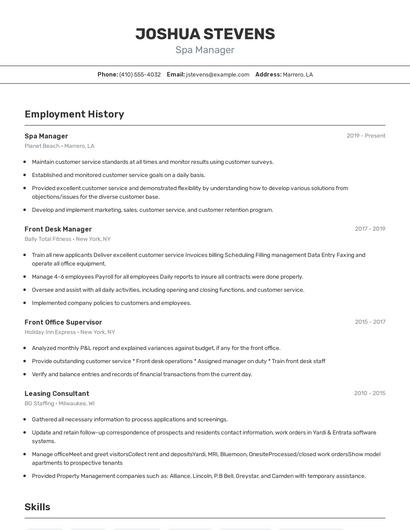 Spa Manager Resume