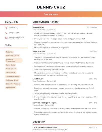 Spa Manager Resume