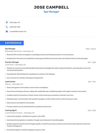 Spa Manager Resume