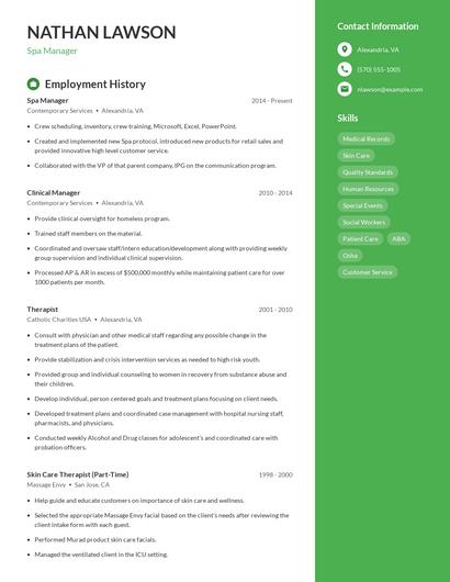Spa Manager Resume