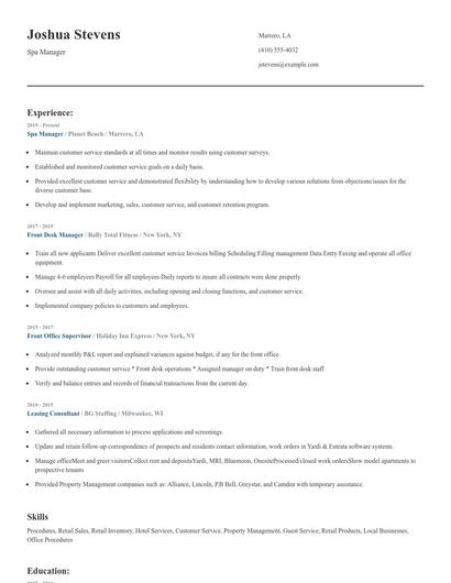 Spa Manager Resume