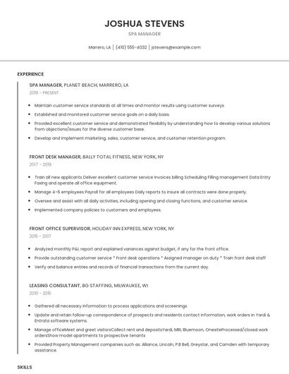 Spa Manager Resume