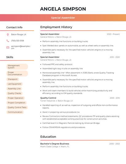 Special Assembler Resume