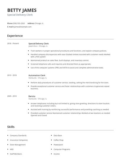 Special Delivery Clerk Resume
