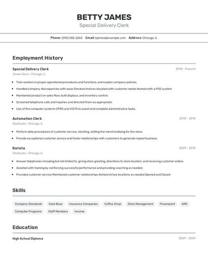 Special Delivery Clerk Resume