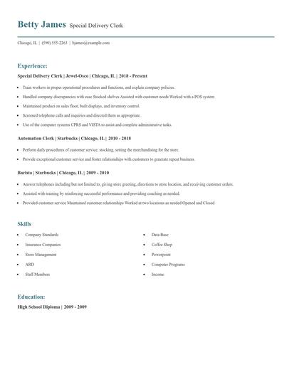 Special Delivery Clerk Resume
