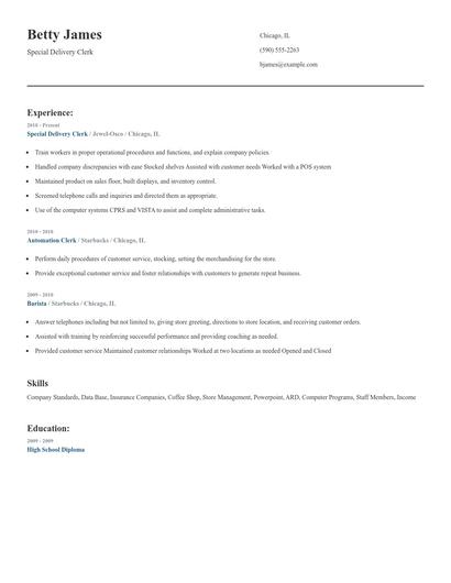 Special Delivery Clerk Resume
