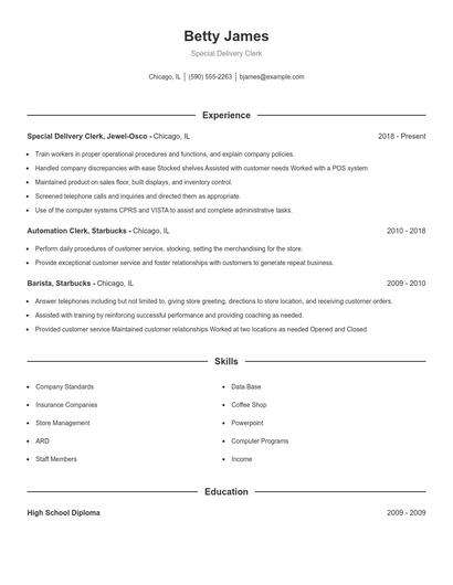 Special Delivery Clerk Resume