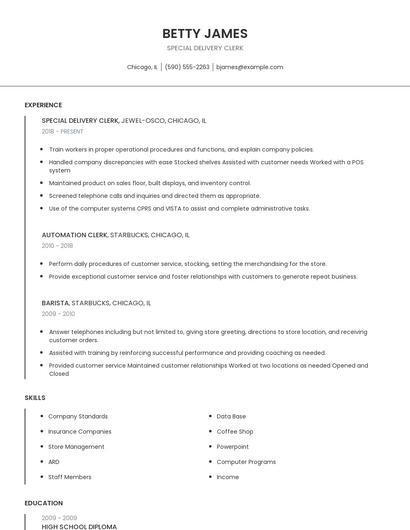 Special Delivery Clerk Resume