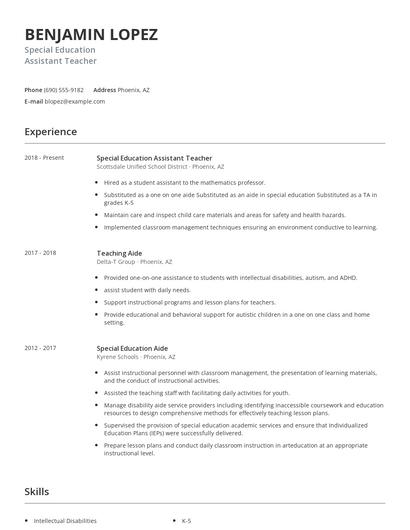Special Education Assistant Teacher Resume