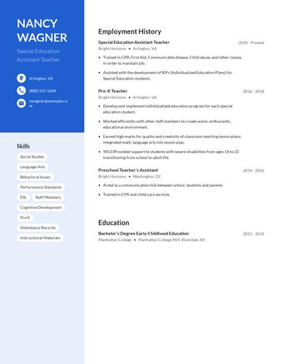Special Education Assistant Teacher Resume