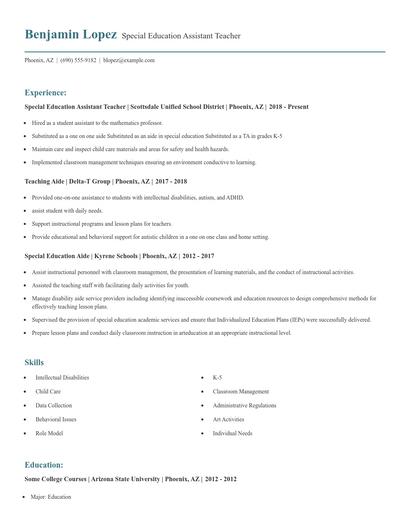Special Education Assistant Teacher Resume
