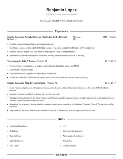 Special Education Assistant Teacher Resume