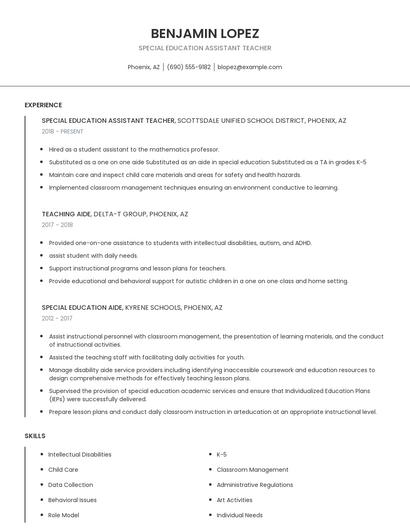 Special Education Assistant Teacher Resume