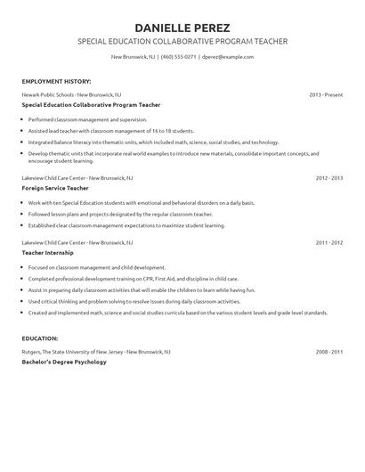 Special Education Collaborative Program Teacher Resume
