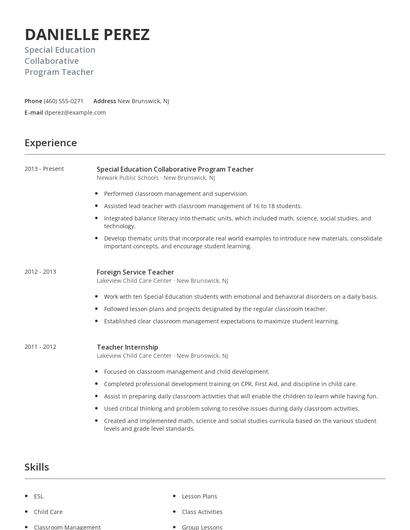 Special Education Collaborative Program Teacher Resume