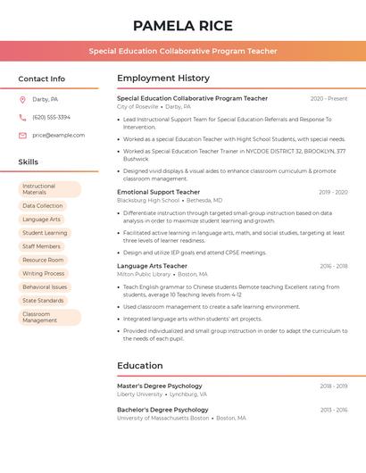 Special Education Collaborative Program Teacher Resume