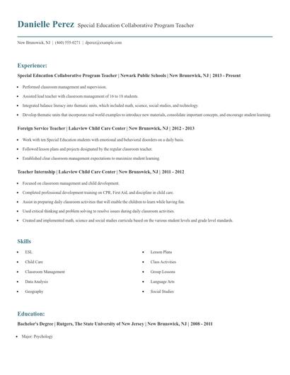 Special Education Collaborative Program Teacher Resume