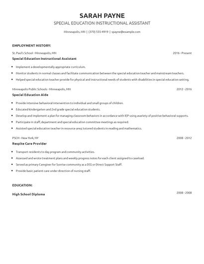Special Education Instructional Assistant Resume