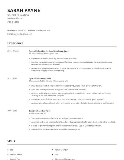 Special Education Instructional Assistant Resume
