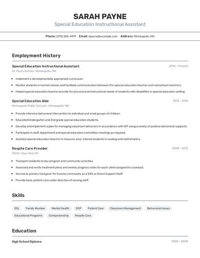 Special Education Instructional Assistant Resume