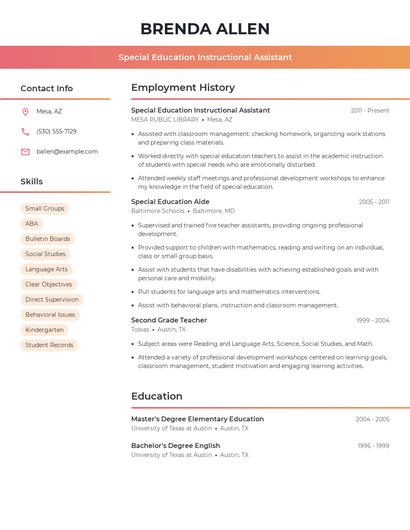 Special Education Instructional Assistant Resume