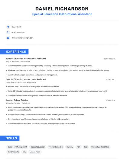 Special Education Instructional Assistant Resume