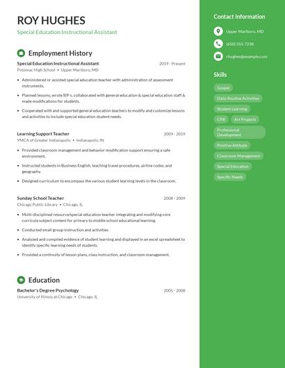 Special Education Instructional Assistant Resume