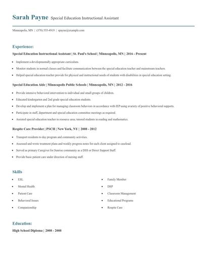 Special Education Instructional Assistant Resume