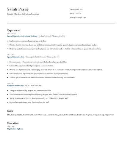 Special Education Instructional Assistant Resume