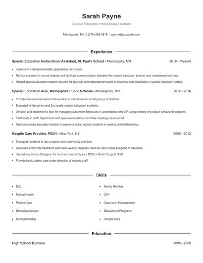 Special Education Instructional Assistant Resume