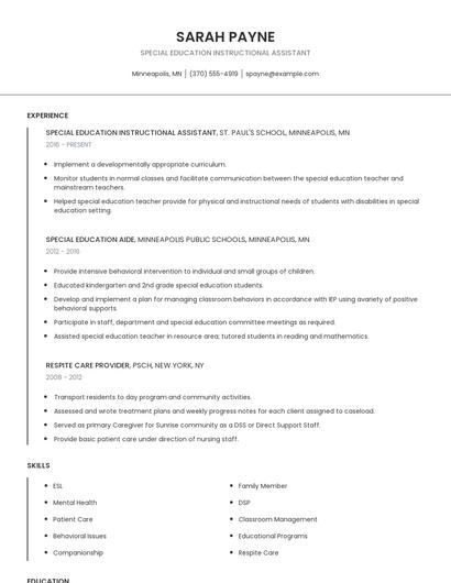 Special Education Instructional Assistant Resume