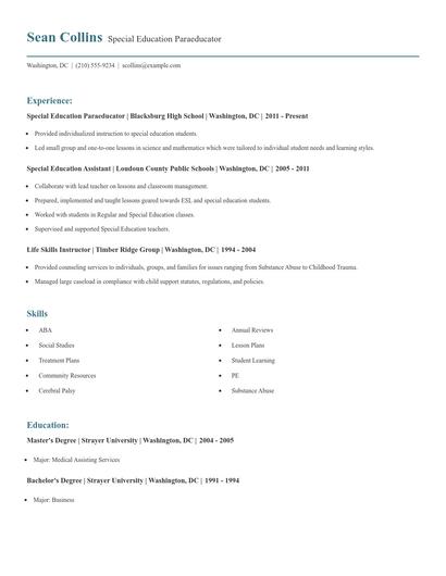 Special Education Paraeducator Resume