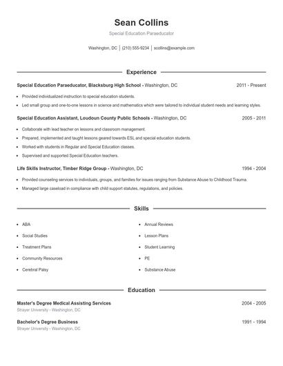Special Education Paraeducator Resume