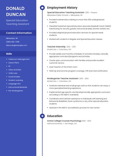 Special Education Teaching Assistant Resume