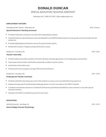 Special Education Teaching Assistant Resume