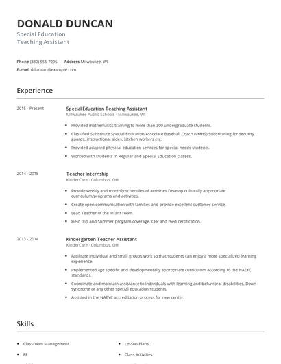 Special Education Teaching Assistant Resume